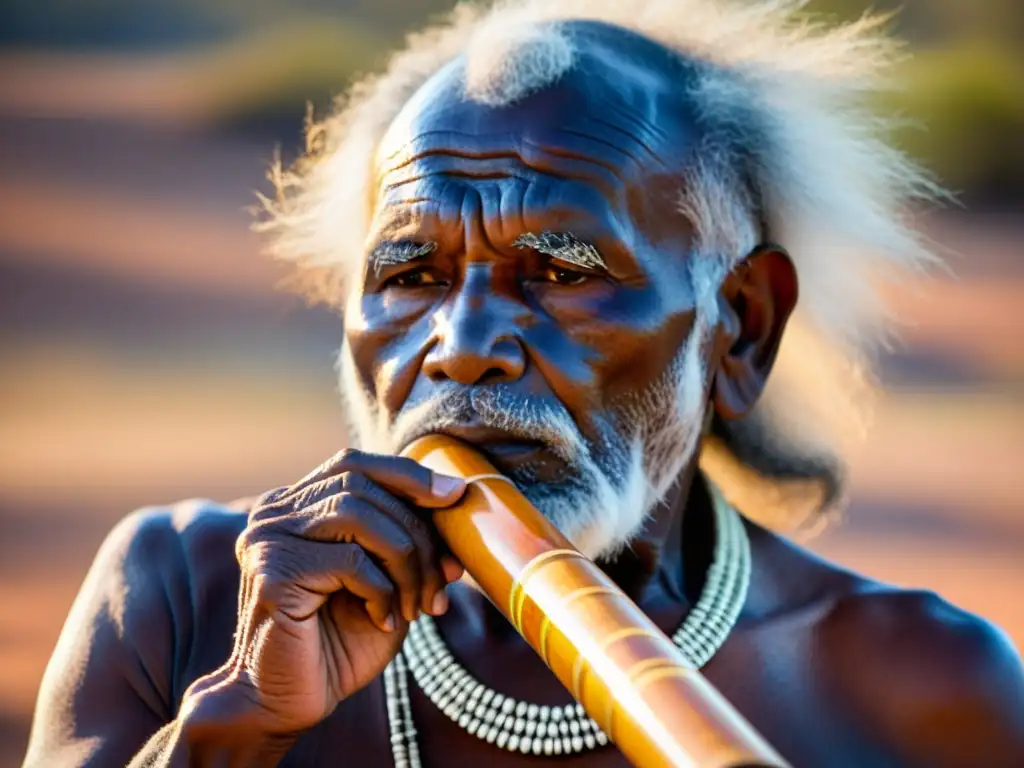 Aborigen tocando el didgeridoo en ceremonia tradicional en el outback, reflejando el significado espiritual de los didgeridoos aborígenes