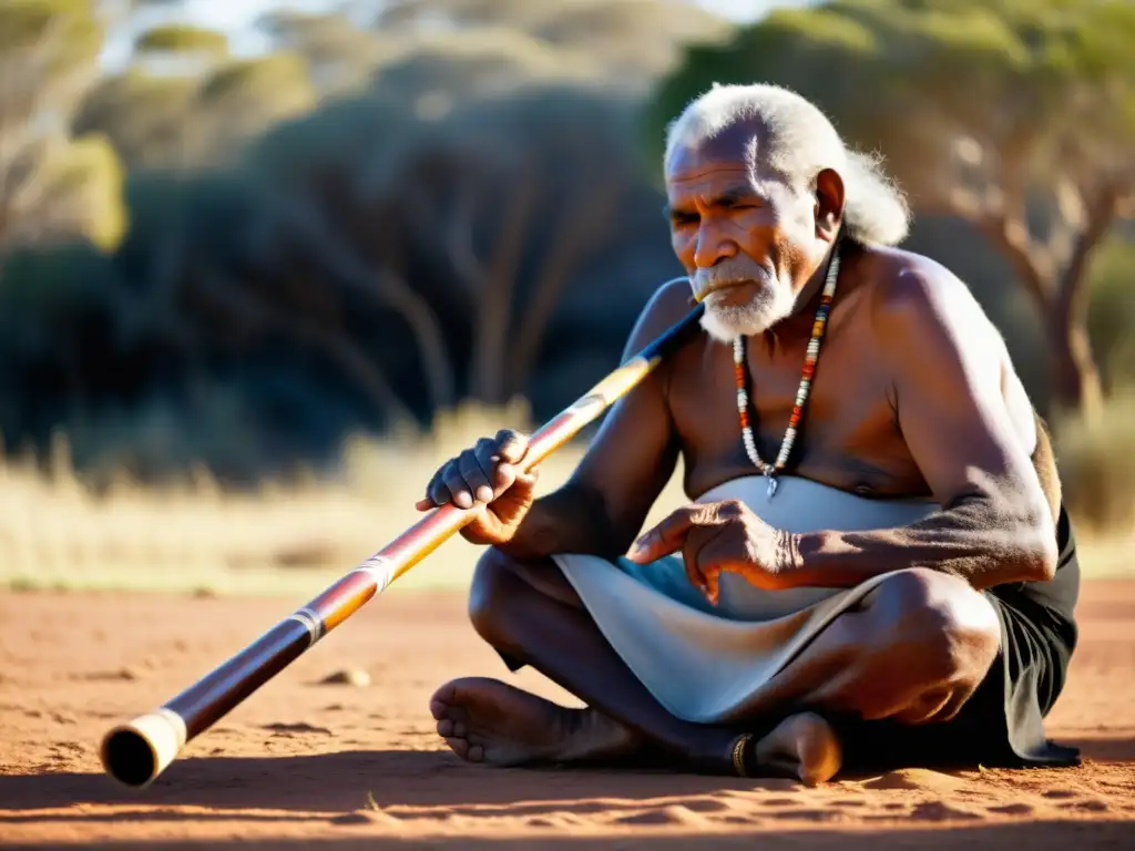 Aborigen tocando el didgeridoo en la vasta tierra australiana, transmitiendo un profundo significado espiritual y cultural