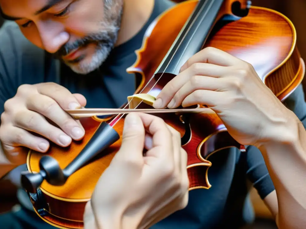 Un luthier aplica un acabado innovador a un violín artesanal, resaltando las innovaciones en acabados de instrumentos musicales