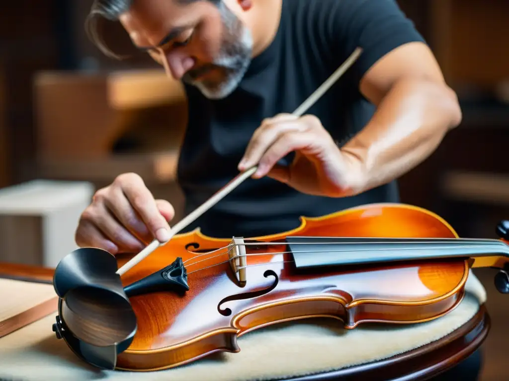 Un luthier aplica un acabado innovador a un violín, destacando la meticulosidad y la artesanía en innovaciones en acabados de instrumentos musicales