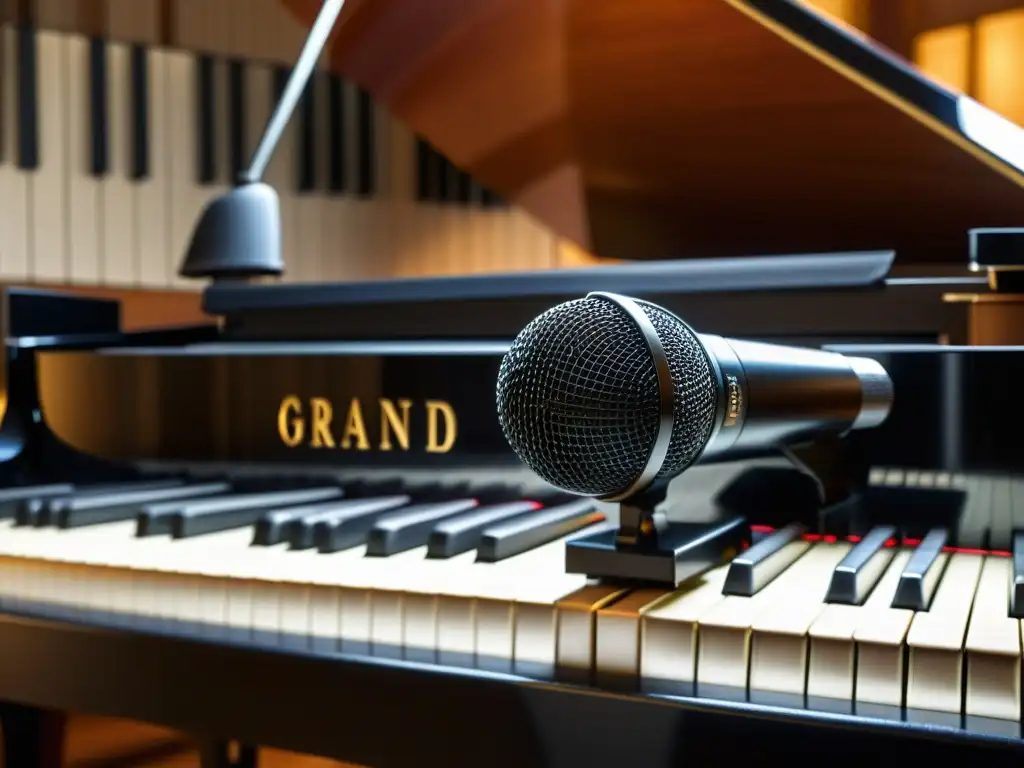 Acercamiento detallado de micrófono condensador frente a un piano de cola, reflejando la calidad profesional