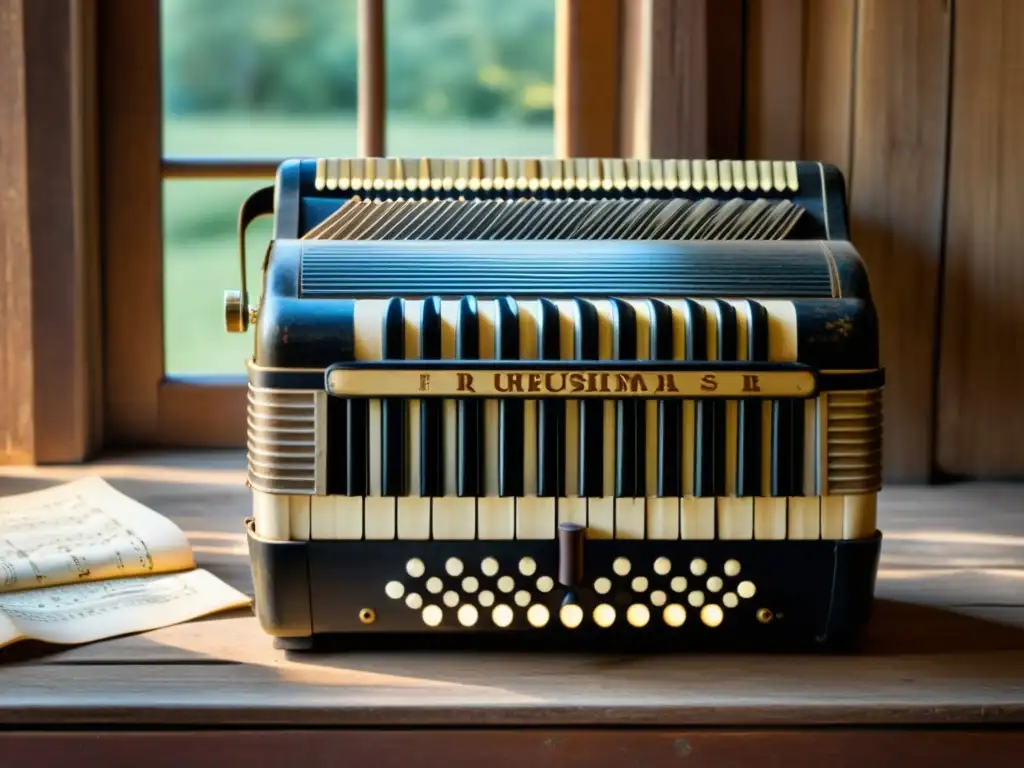 Un acordeón antiguo reposa sobre una mesa rústica, rodeado de partituras y otros instrumentos