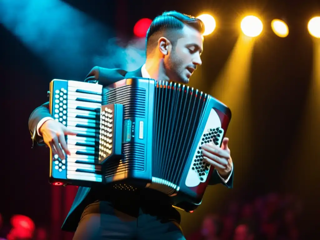 Un acordeón digital tradicional siendo tocado en un vibrante escenario, fusionando la energía de la música contemporánea con la innovación tecnológica