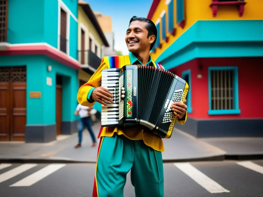 Un acordeonista tradicional interpreta con pasión en una bulliciosa esquina de ciudad latinoamericana