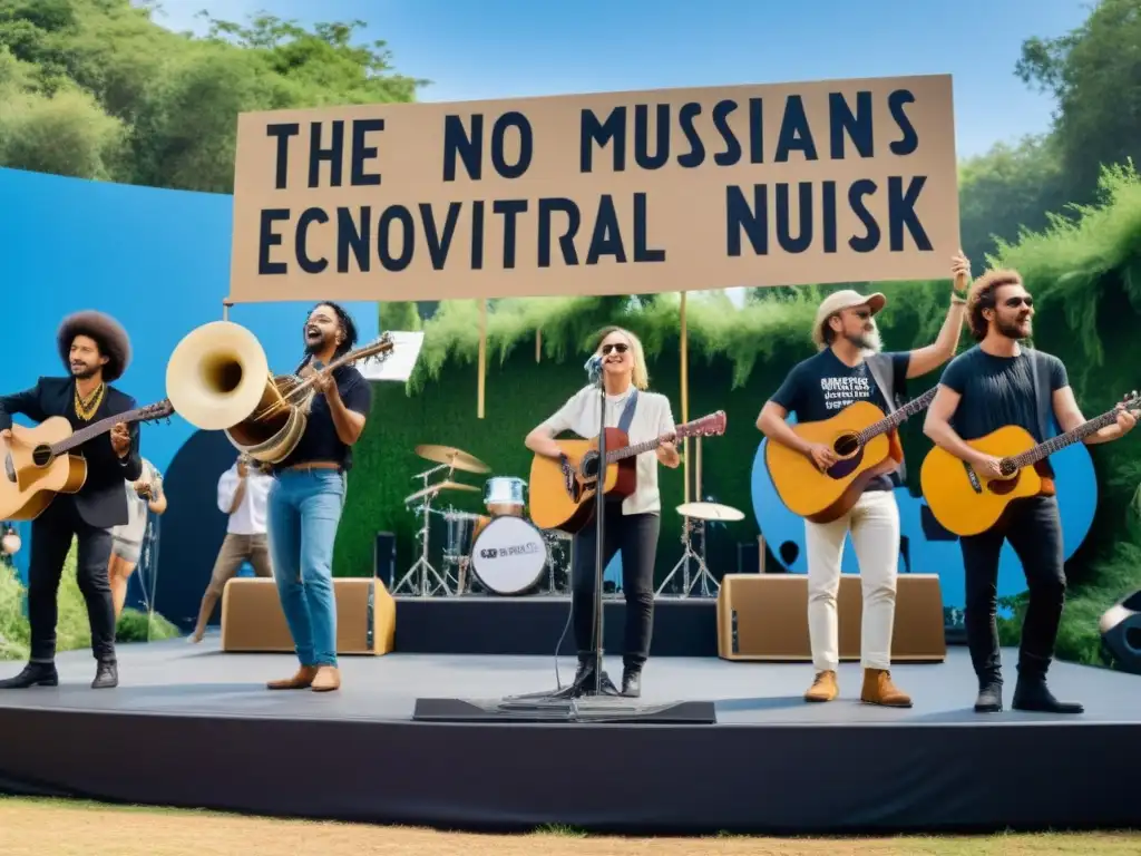 Música y activismo ambiental mundial: Concierto en escenario de materiales reciclados, rodeado de naturaleza, activistas y público apasionado