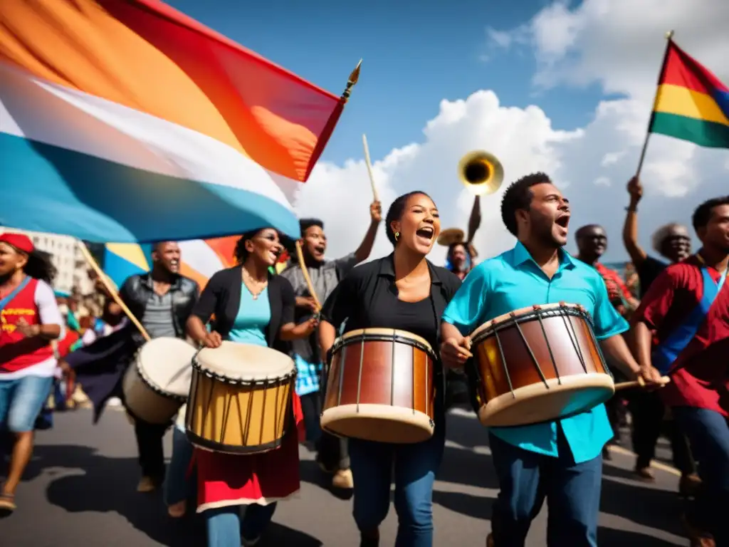 Activistas tocando instrumentos emblemáticos en protesta, con pasión y determinación en sus rostros, y banderas coloridas ondeando al fondo