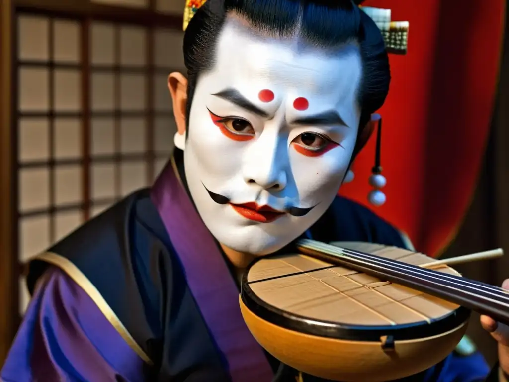 Actor de kabuki japonés tocando el shamisen con intensidad, resaltando la importancia del shamisen en Kabuki