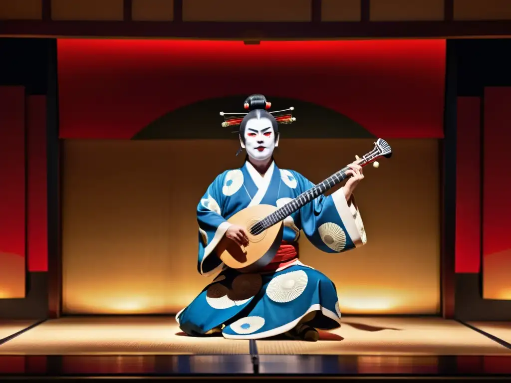 Actor de kabuki tocando el shamisen en un escenario tradicional japonés, evocando la historia y sonido del shamisen en la atmósfera de kabuki