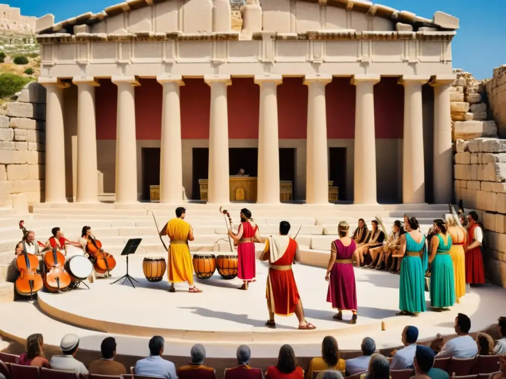 Actuación teatro clásico con músicos tocando instrumentos musicales antiguos en el foso de la orquesta