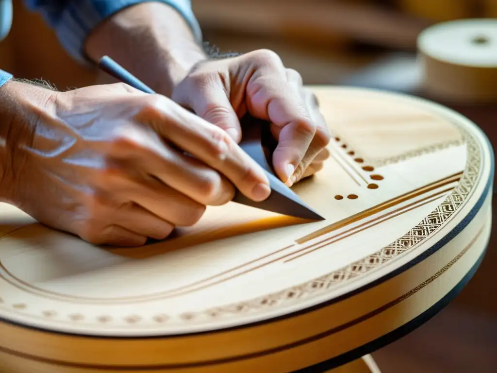 Un luthier aplica con precisión adhesivo para unir piezas de madera en la construcción de una guitarra clásica, destacando las técnicas de unión adhesivos instrumentos