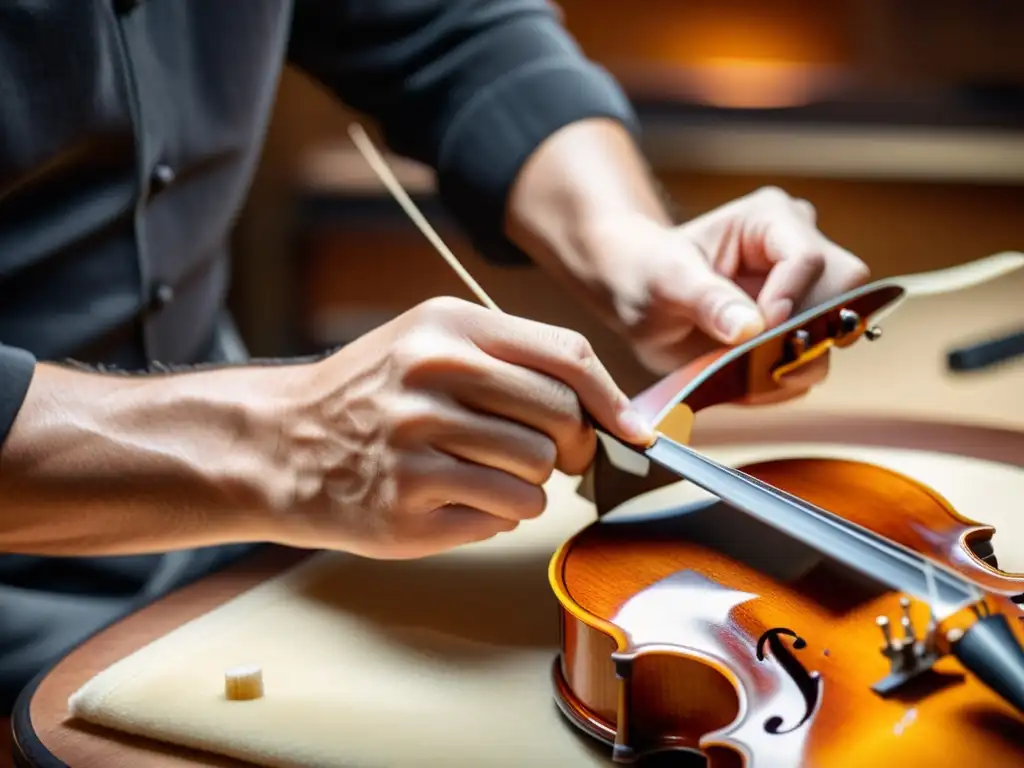 Un luthier aplica con precisión adhesivos modernos en instrumentos musicales, iluminado por cálidas luces de taller