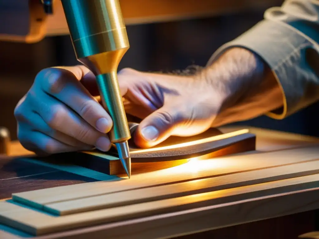 Un luthier aplica con precisión adhesivos modernos en instrumentos musicales, resaltando la artesanía y la herencia cultural