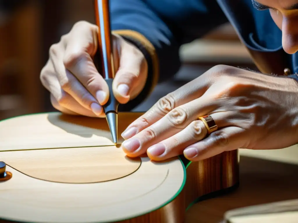 Un luthier aplica con precisión adhesivos modernos en instrumentos musicales, resaltando la experticia y precisión en la construcción