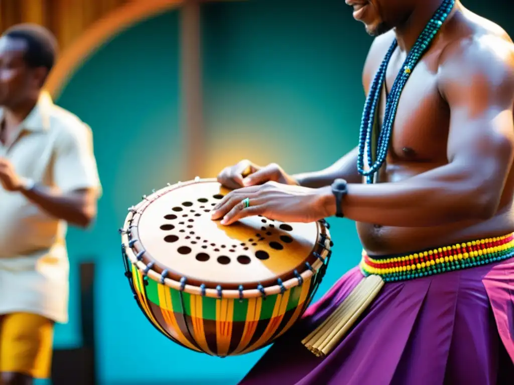 Afoxé: instrumento musical afrobrasileño tocado en una vibrante presentación de música y danza afrobrasileña, capturando detalles y energía