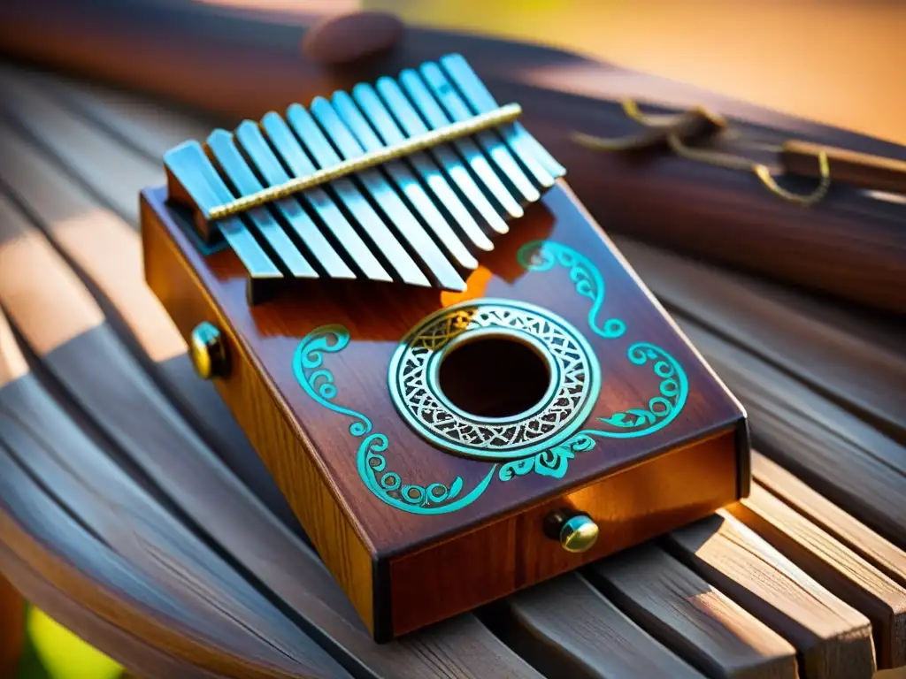 Una kalimba africana con intrincados grabados en madera y teclas brillantes bajo el sol