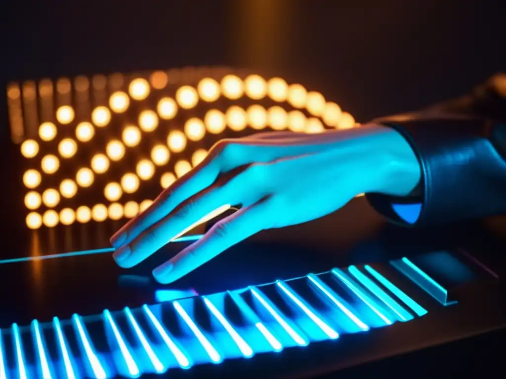 Las ágiles manos del músico manipulan un instrumento digital futurista con luces LED