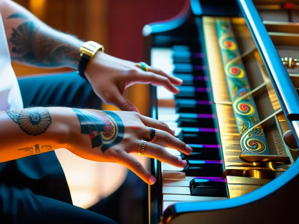 Las ágiles manos del pianista interpretan con pasión una pieza de música latina en un imponente piano de cola, adornadas con tatuajes coloridos