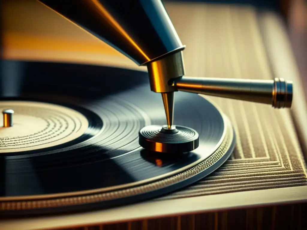 La aguja de un antiguo tocadiscos delicadamente tocando los surcos de un vinilo, capturando la nostalgia de preservar sonidos antiguos