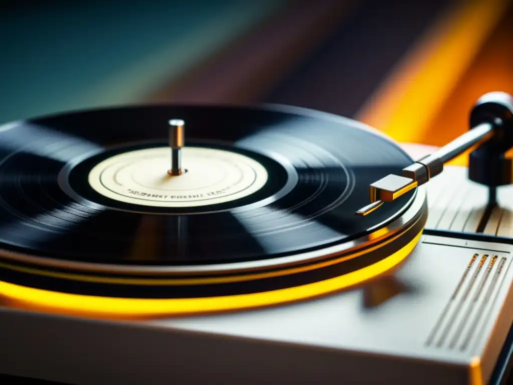 Una aguja de tocadiscos vintage tocando delicadamente un vinilo, iluminado por una cálida luz, evocando la ética en el uso de muestreo musical