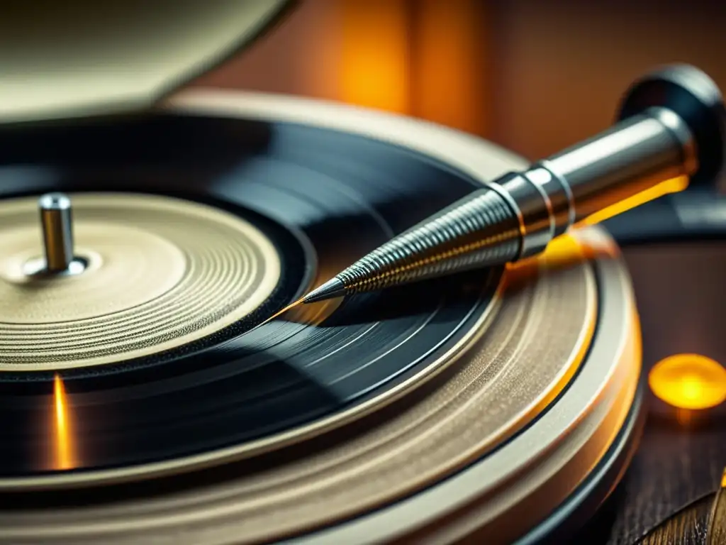 Una aguja de fonógrafo vintage recuperando sonidos de grabaciones antiguas en un vinilo desgastado, iluminado por una cálida luz nostálgica