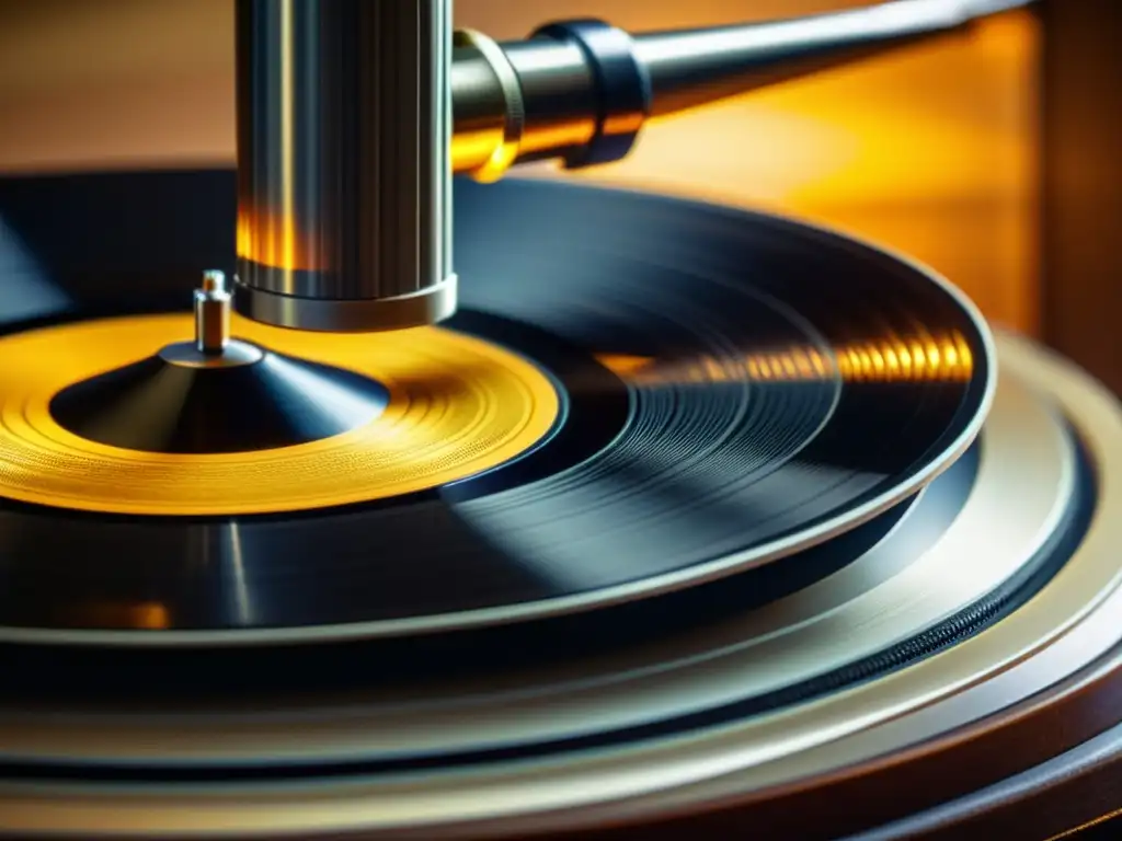 Una aguja de fonógrafo vintage recupera sonidos de grabaciones antiguas en un vinilo, iluminado por un cálido brillo dorado