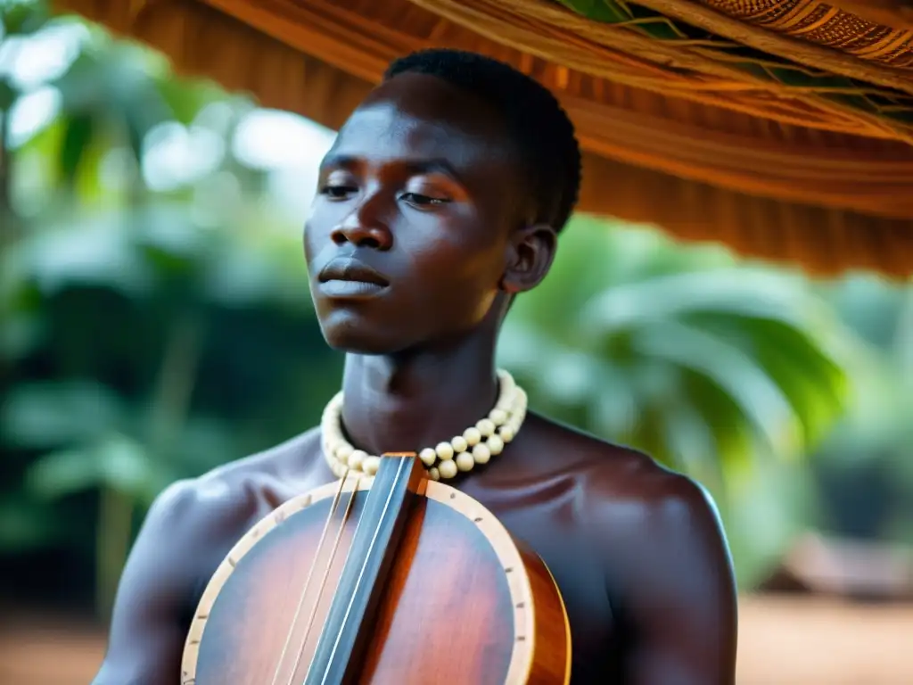 Un Akonting de Gambia, historia cultural, resalta entre la exuberante vegetación y cabañas tradicionales, mientras manos habilidosas lo hacen sonar