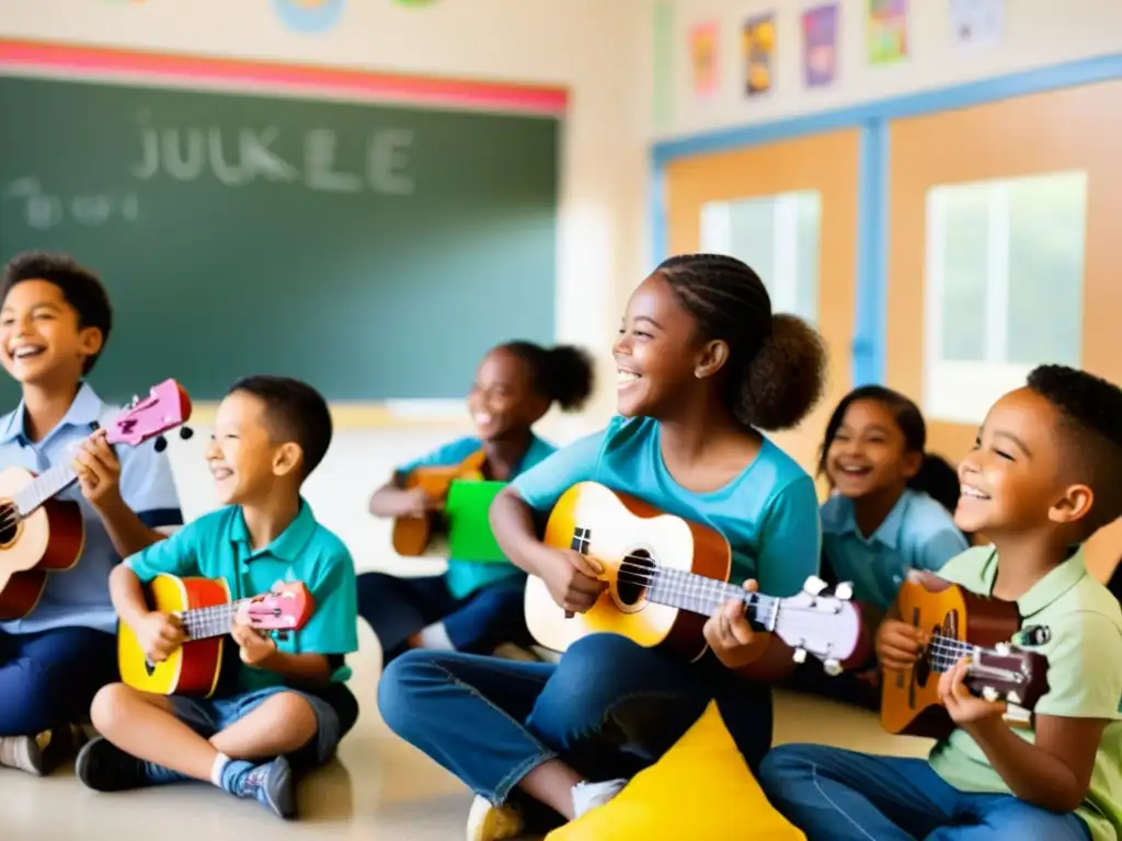 Un alegre grupo de niños en círculo tocando el ukelele en un aula colorida