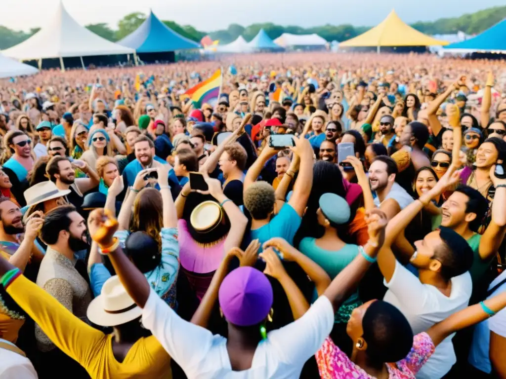 Una alegre multitud celebra en un festival de música, mostrando la diversidad y la importancia de festivales de música