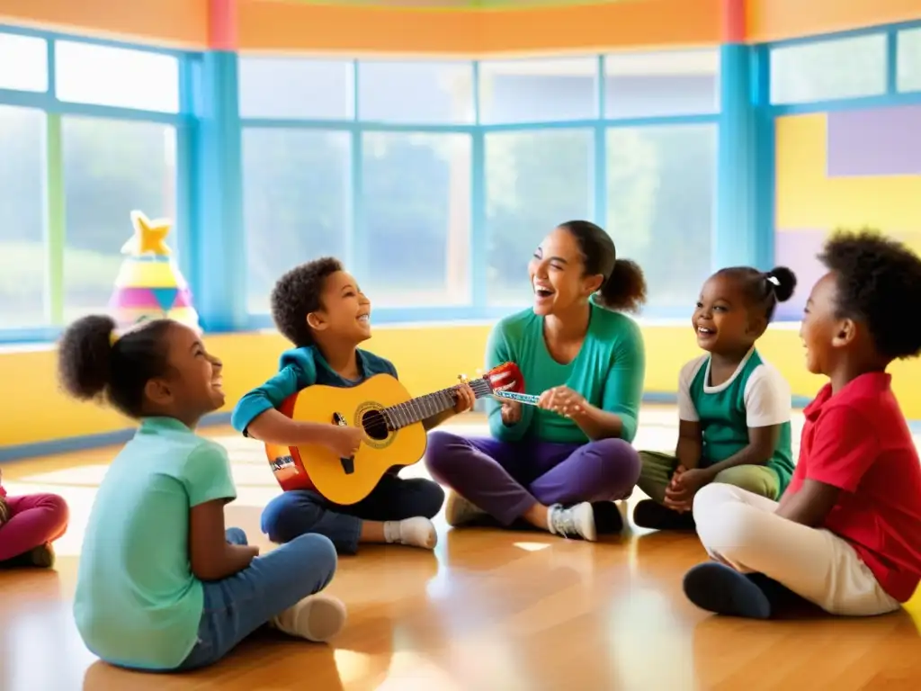 En un alegre salón de preescolar, los niños exploran instrumentos musicales hechos a mano, guiados por su maestra