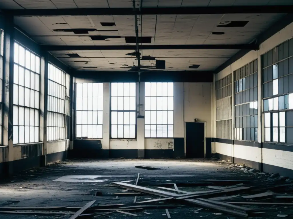 Un almacén abandonado en Detroit con grafitis en las paredes y ventanas rotas, evocando la esencia del techno Detroit y sus instrumentos musicales