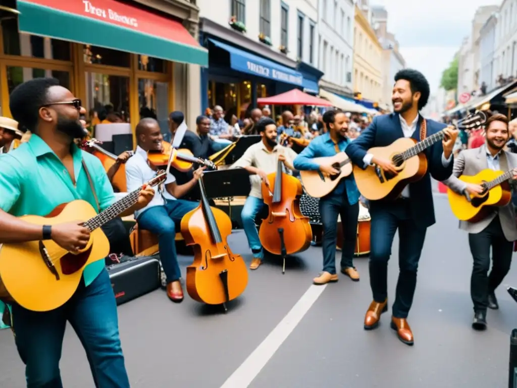 Un ambiente urbano bullicioso con músicos callejeros tocando diversos instrumentos, atrayendo a una multitud diversa