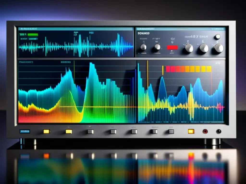 Análisis detallado de frecuencias musicales en un estudio de grabación, con ondas y bandas de frecuencia coloridas y precisas mediciones