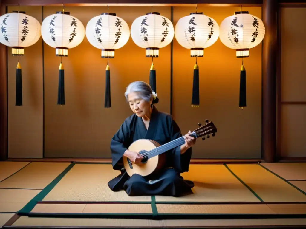 Una anciana músico japonesa toca el koto en una habitación con lámparas de papel