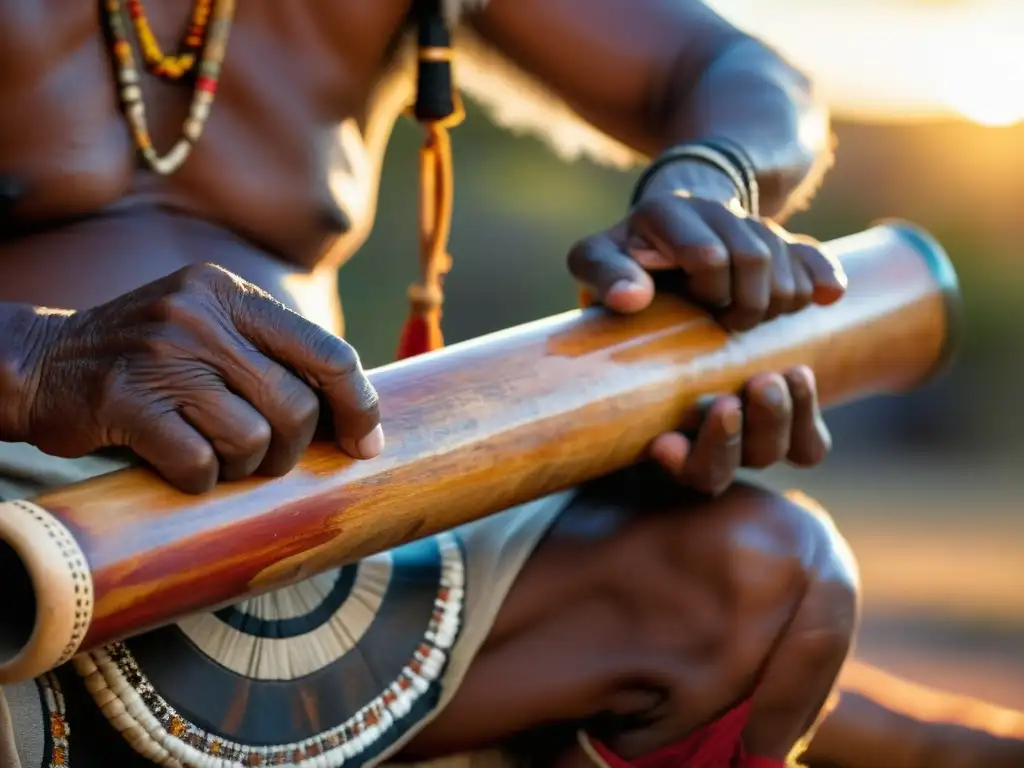 Un anciano aborigen australiano toca el didgeridoo durante un ritual tradicional al atardecer, con símbolos pintados en sus manos