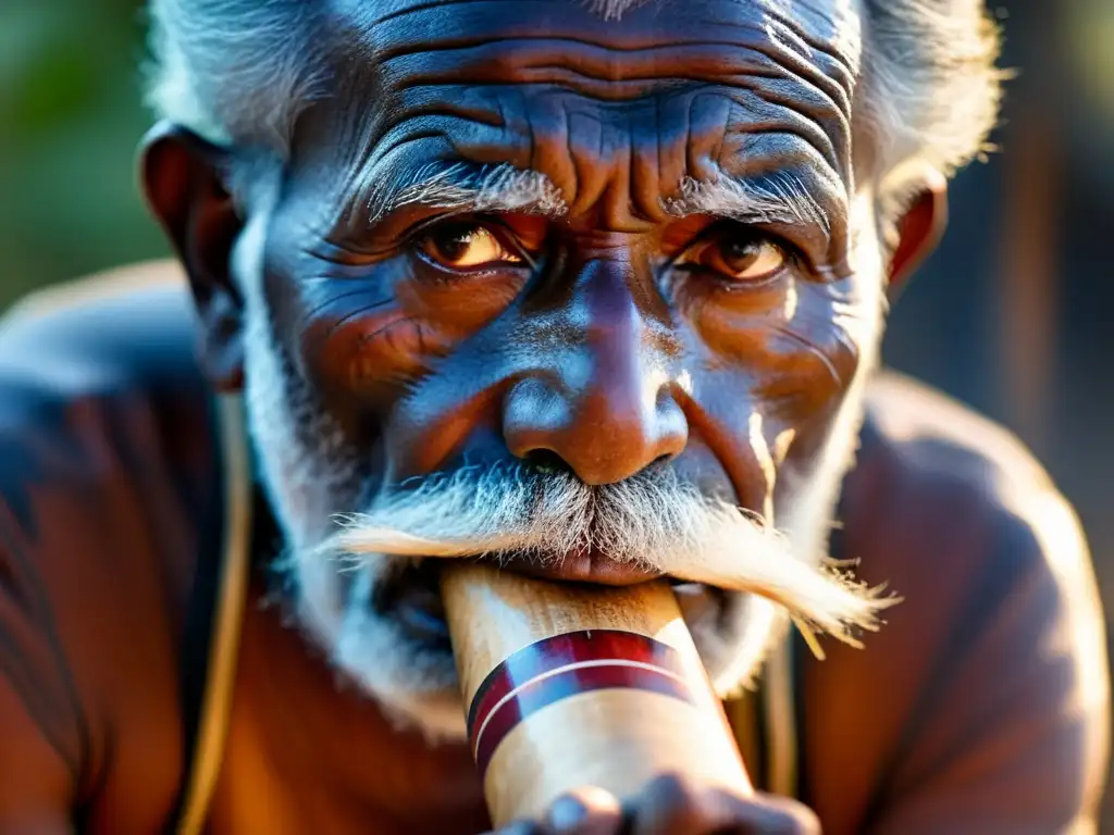 Un anciano aborigen australiano toca el didgeridoo junto a una fogata, conectando con el sonido ancestral del didgeridoo australiano