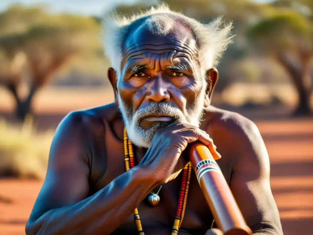 Un anciano aborigen australiano toca el didgeridoo con concentración en el outback, evocando la rica cultura y rituales aborígenes