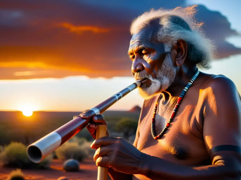 Un anciano aborigen tocando el didgeridoo al atardecer en el Outback australiano, con el sonido ancestral del didgeridoo aborigen resonando en el aire