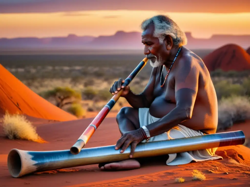 Un anciano aborigen toca el didgeridoo al atardecer en el outback, transmitiendo la esencia espiritual y cultural del instrumento