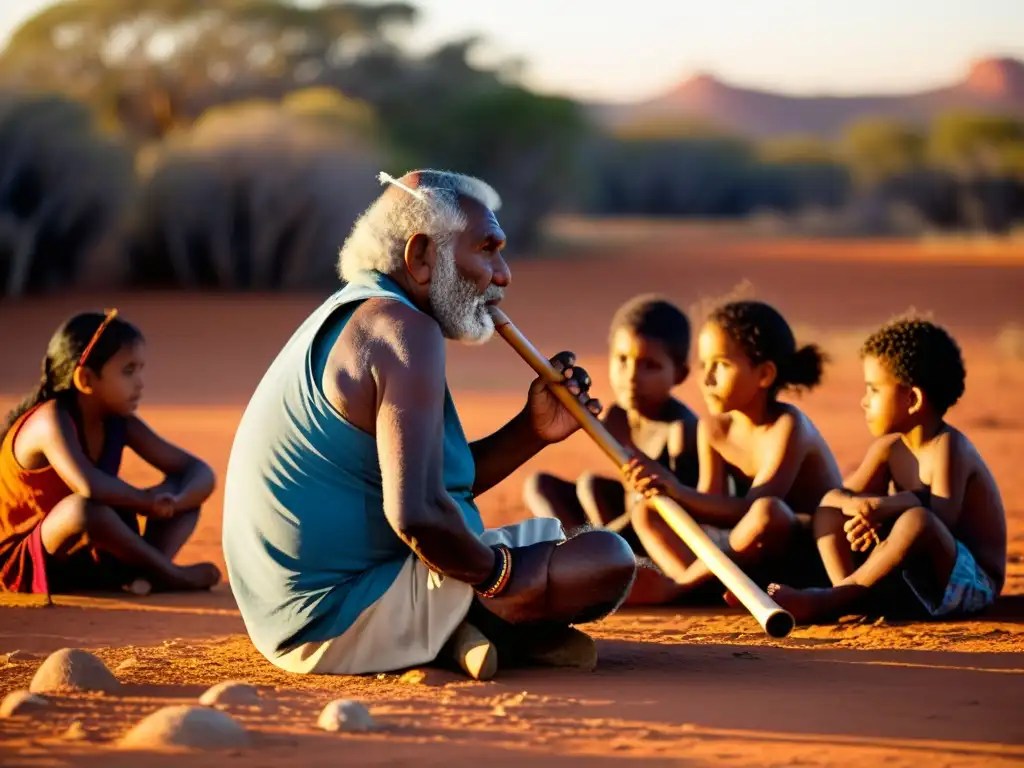 Un anciano aborigen toca el didgeridoo en el outback australiano mientras niños diversos escuchan con asombro