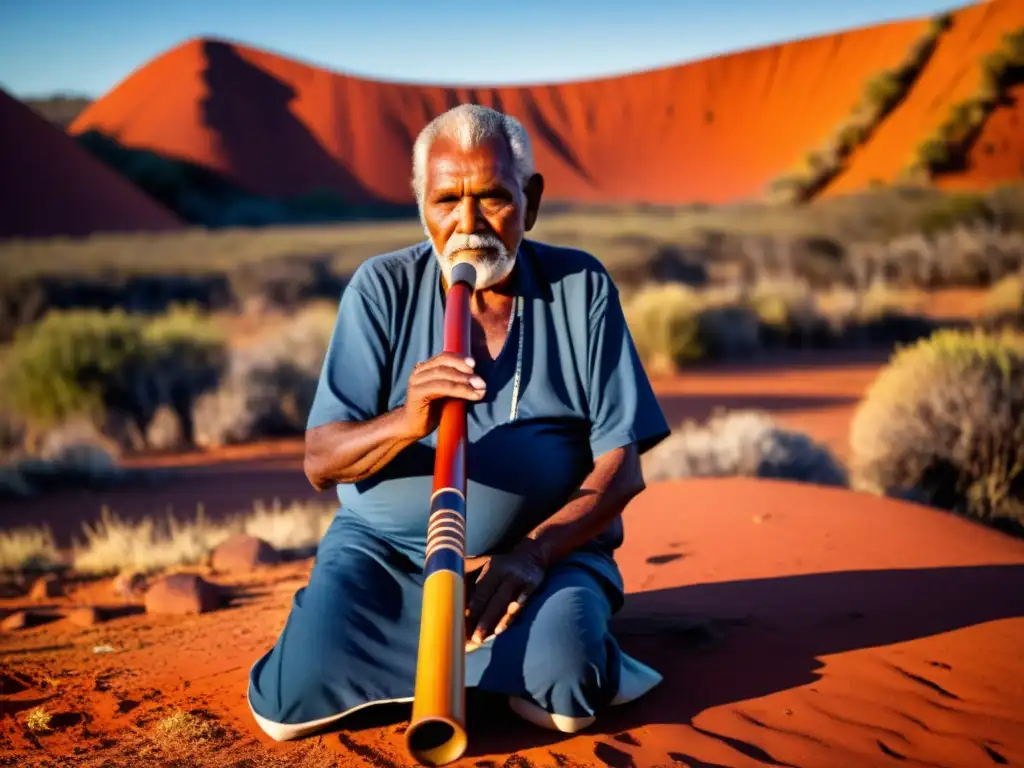 Un anciano aborigen toca el didgeridoo en una ceremonia tradicional en el Outback australiano al atardecer