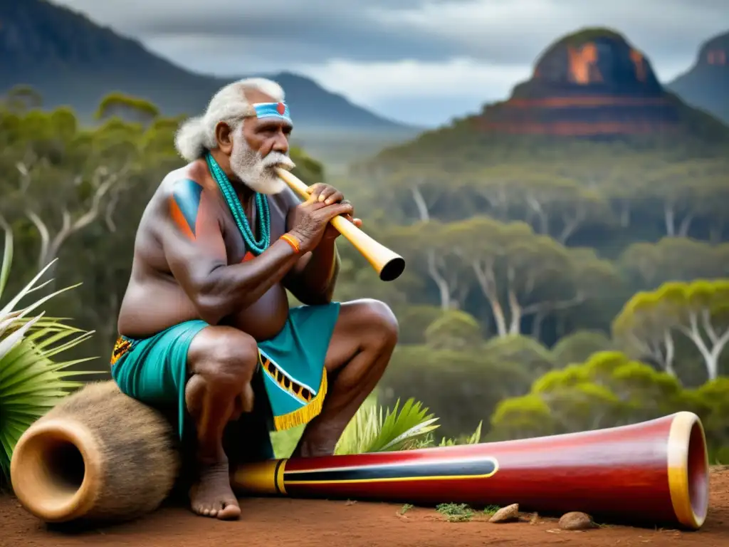 Un anciano aborigen toca el didgeridoo en una ceremonia tradicional, rodeado de arte indígena vibrante y exuberante arbustos australianos