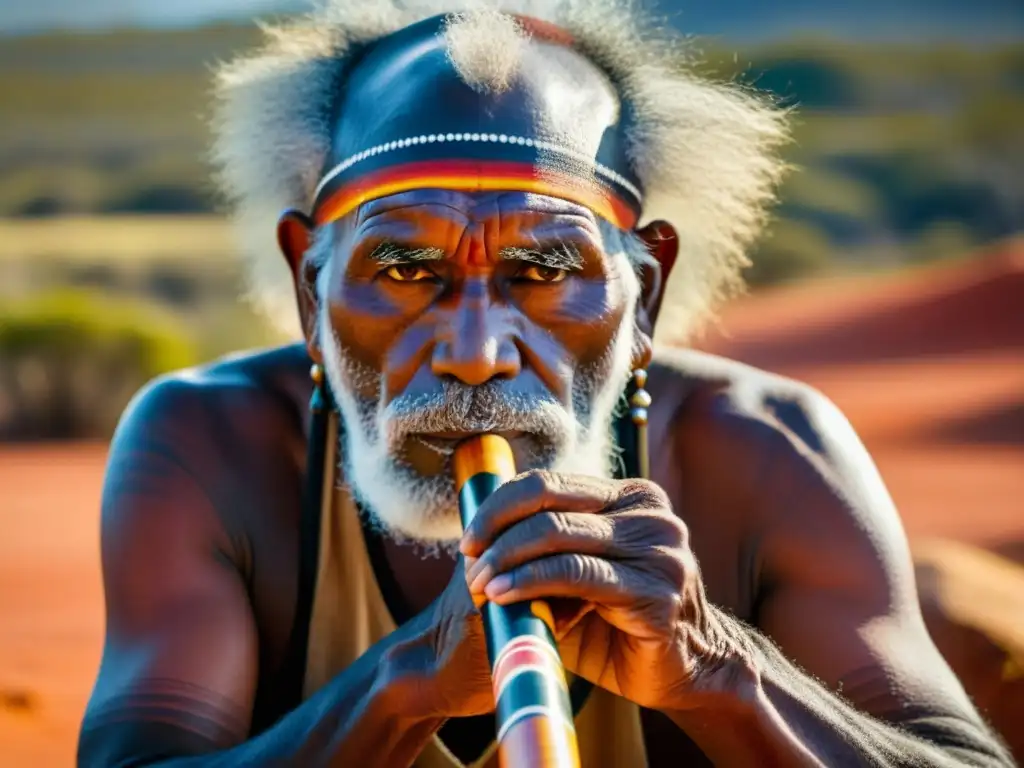 Un anciano aborigen toca el didgeridoo con destreza, conectando con la historia del didgeridoo aborigen en el outback australiano