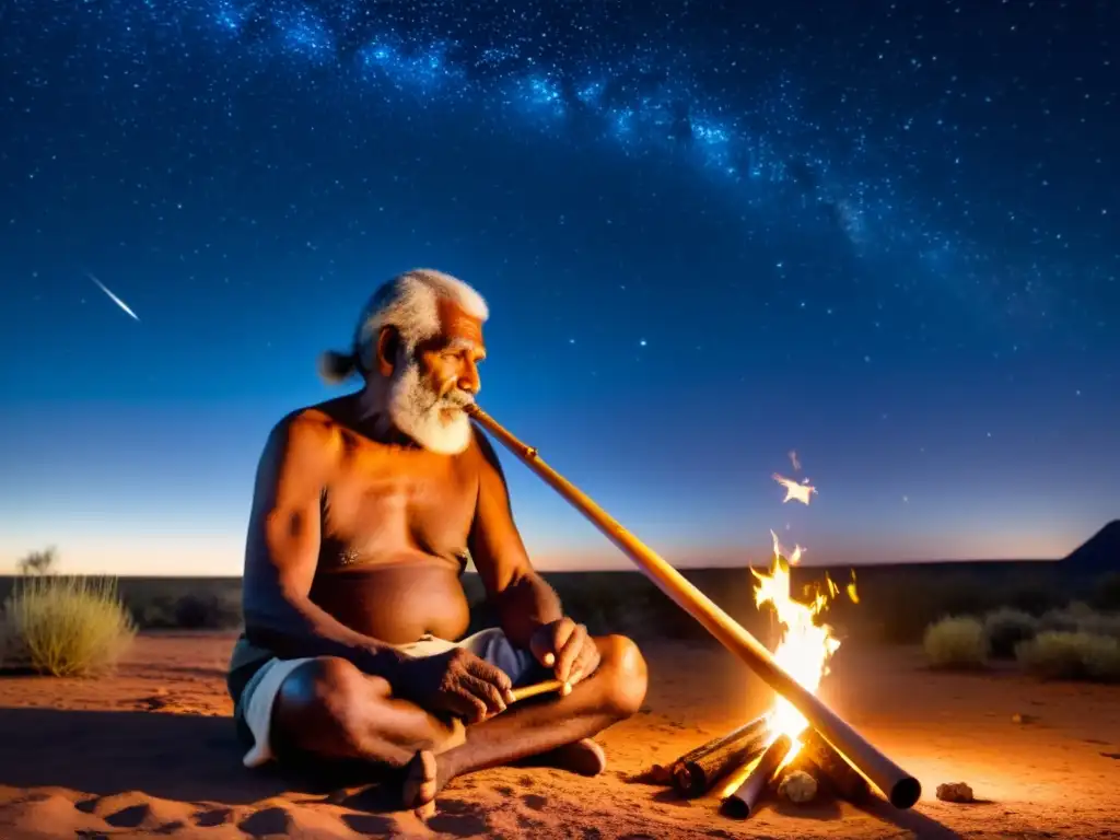 Un anciano aborigen toca el didgeridoo junto a una fogata bajo un cielo estrellado en el outback australiano