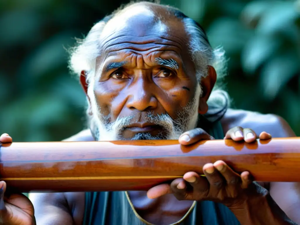 Un anciano aborigen toca un didgeridoo, sus manos hábiles manipulan el instrumento para producir tonos profundos