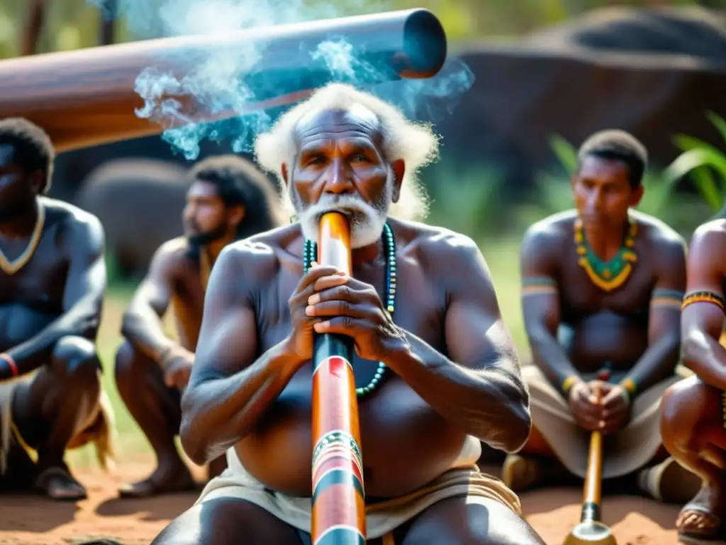 Un anciano aborigen toca el didgeridoo durante un ritual, rodeado de gente y naturaleza, capturando la esencia de los rituales aborígenes