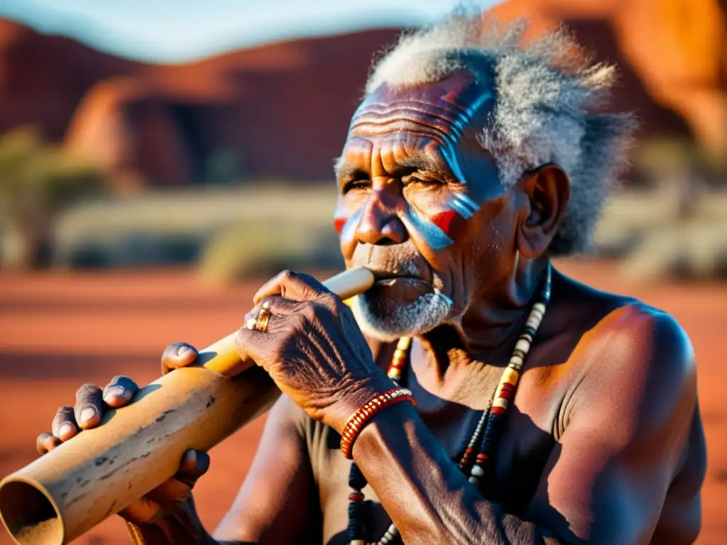 Un anciano aborigen toca un didgeridoo tradicional en el outback australiano, mostrando el origen y significado del didgeridoo aborigen