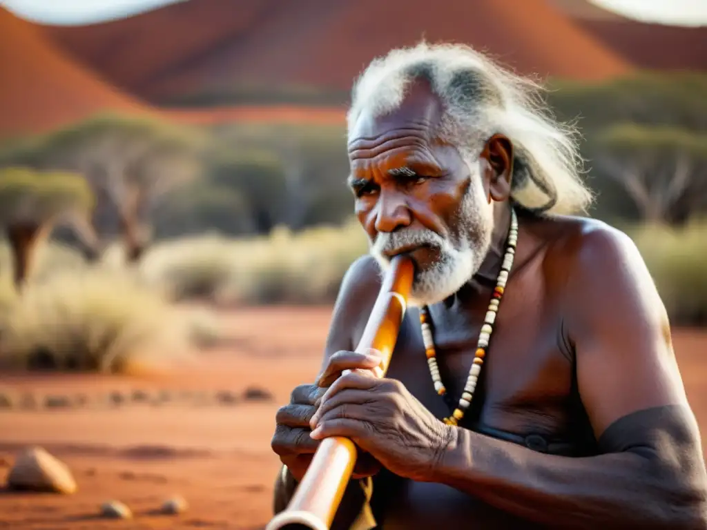 Un anciano aborigen toca el didgeridoo en la vasta Outback australiana, evocando el sonido ancestral del didgeridoo aborigen