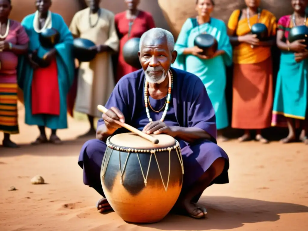 Un anciano africano toca el udu en un ritual de fertilidad, destacando la intensidad espiritual