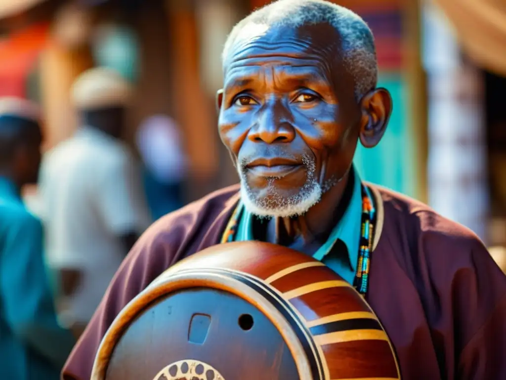 Un anciano africano sostiene un Udu con tallados detallados en un mercado vibrante