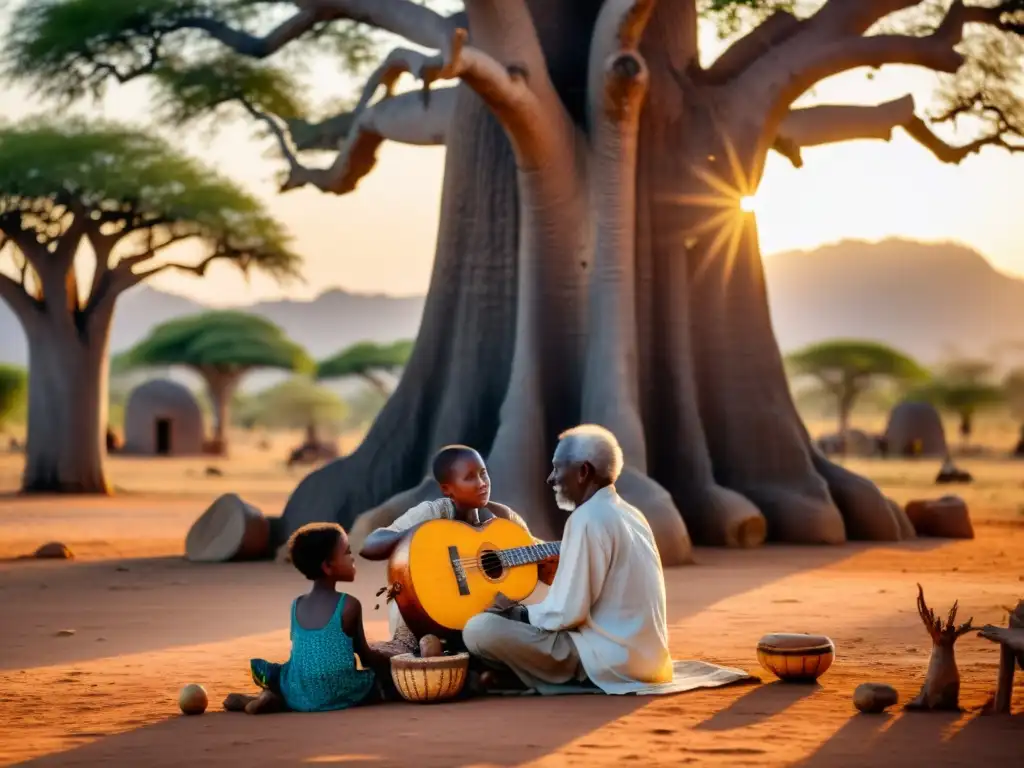 Un anciano griot toca la kora bajo un baobab, rodeado de niños